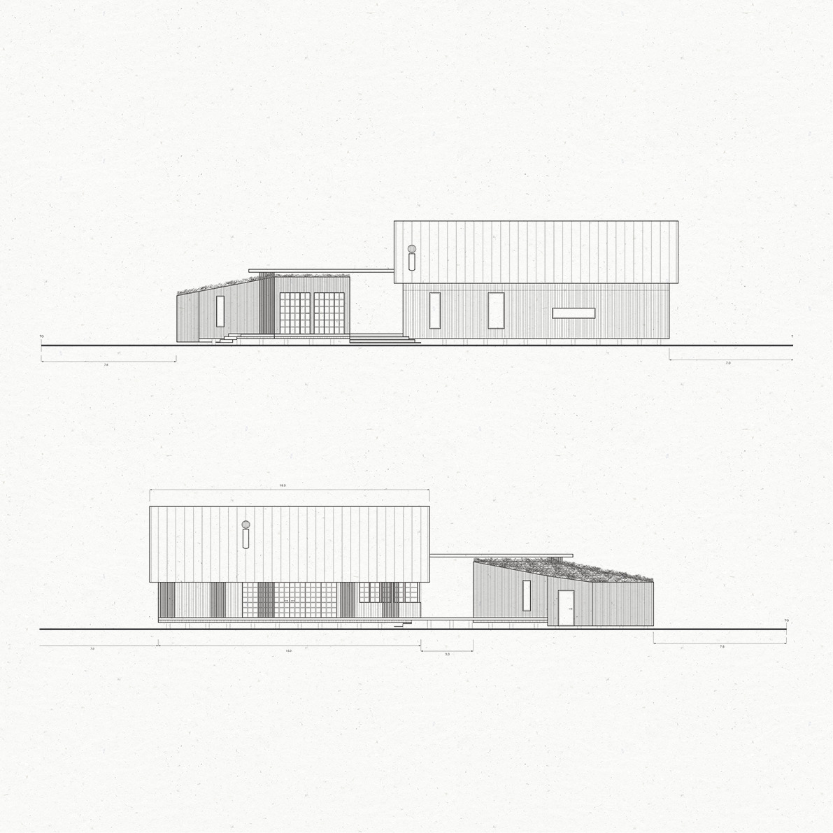 Ritning av villa, fasad mot sydöst och nordväst. Projekt Nordanstig av Kärnvirke Arkitektur.